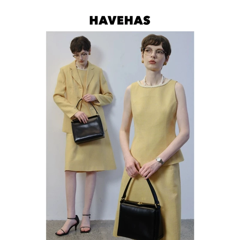 HAVEHAS一颗柠檬 复古人字纹100羊毛短西服外套/背心/小A半裙套装