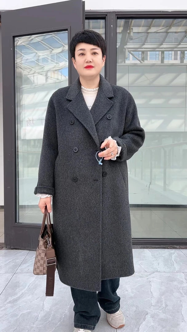 冯小姐时尚大码女装（时尚休闲百搭显瘦气质减龄羊毛双排扣大衣7#）
