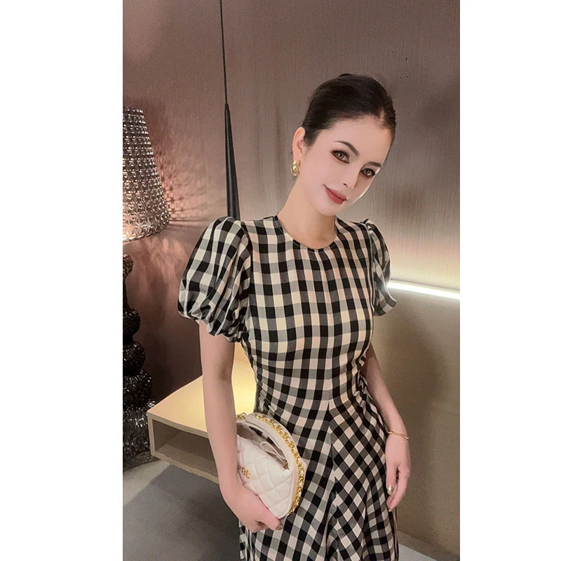 （特价-醋酸-卡码拍小）泡泡袖格子连衣裙LYQ30449