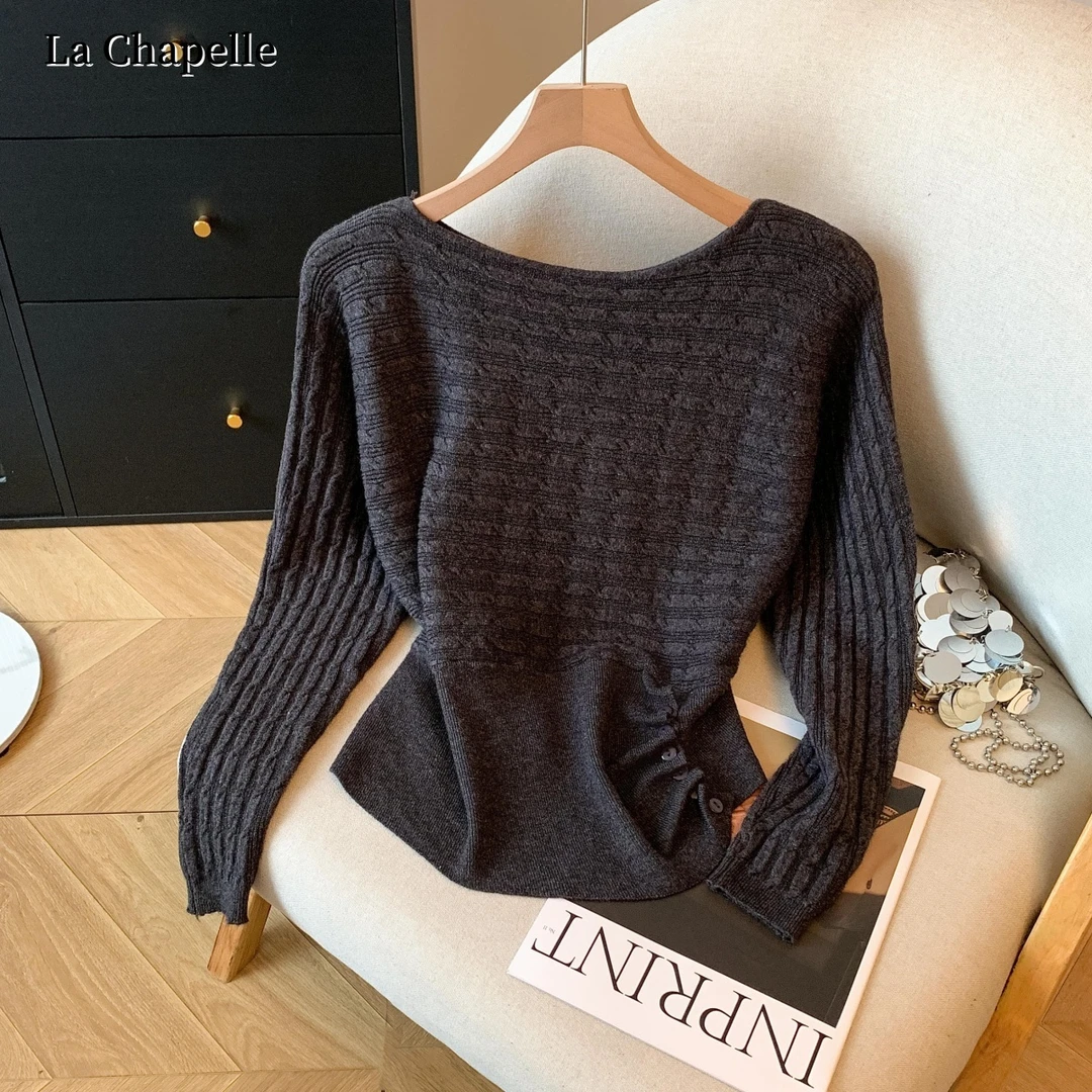 拉夏贝尔秋冬洋气时髦蝙蝠袖一字肩可斜肩露肩毛衣慵懒风针织上衣