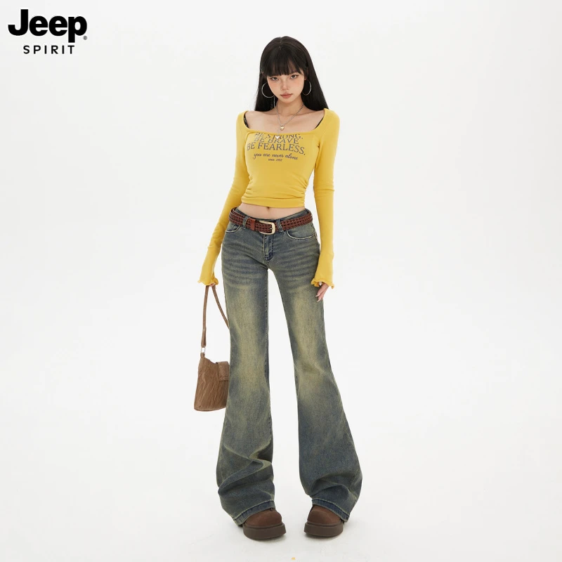 Jeep吉普美式复古怀旧微喇牛仔裤女应季新款低腰显瘦小个子喇叭裤