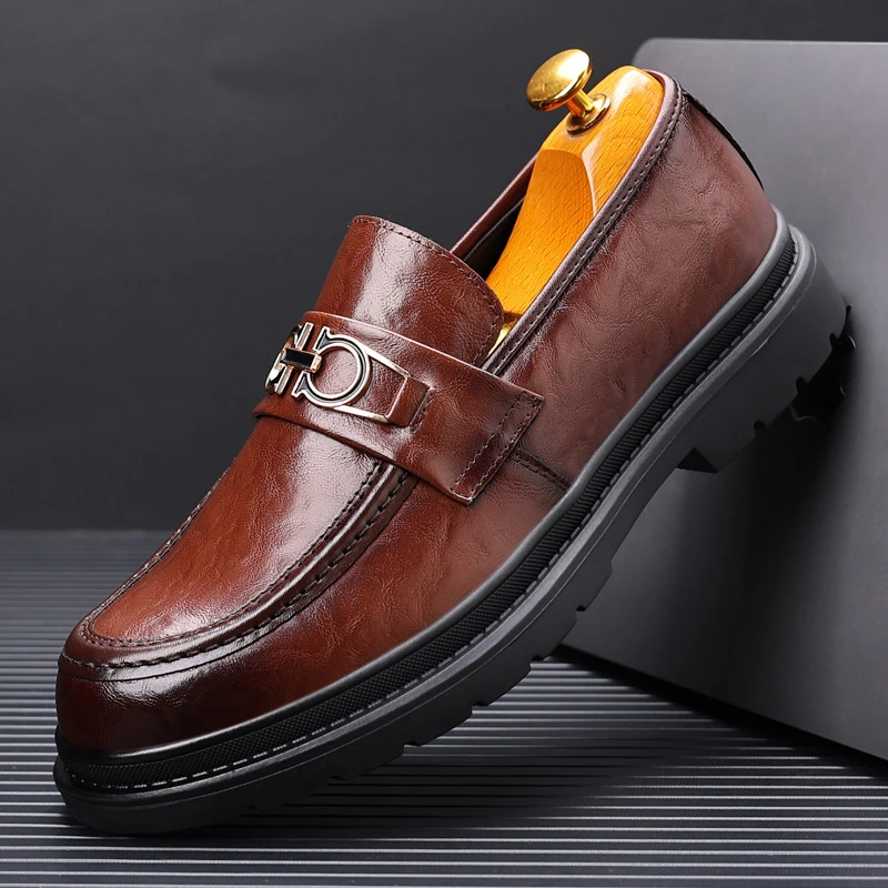 男士低帮乐福鞋懒人一脚蹬圆头皮鞋真皮男商务正装手抓纹厚底男鞋