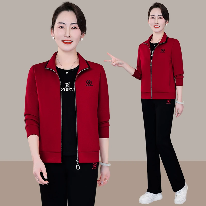 恩狐妈妈春秋套装洋气高贵外套中老年气质减龄休闲运动套装三件套