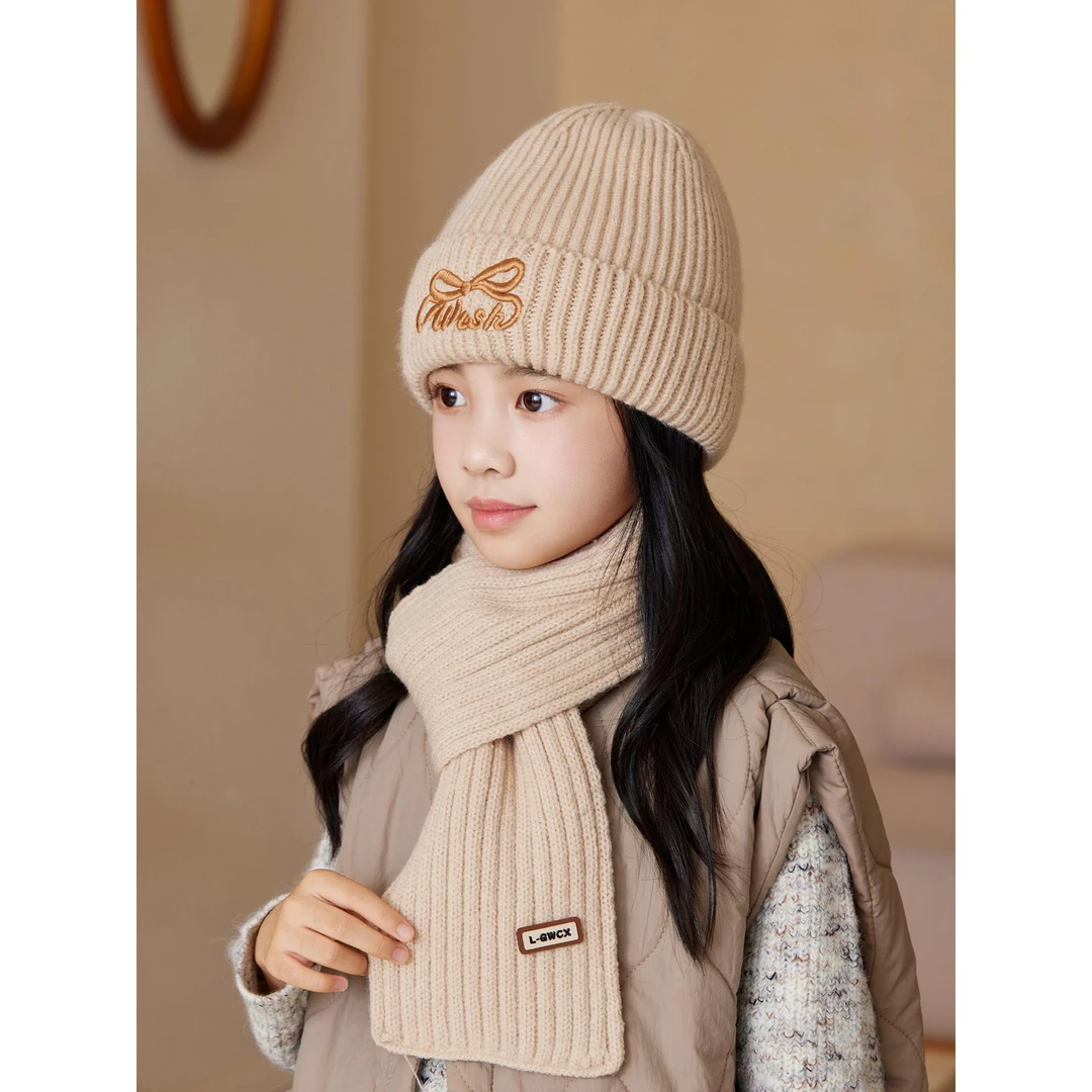 儿童帽子秋冬韩版针织毛线帽女宝围巾两件套女孩蝴蝶结保暖套头帽