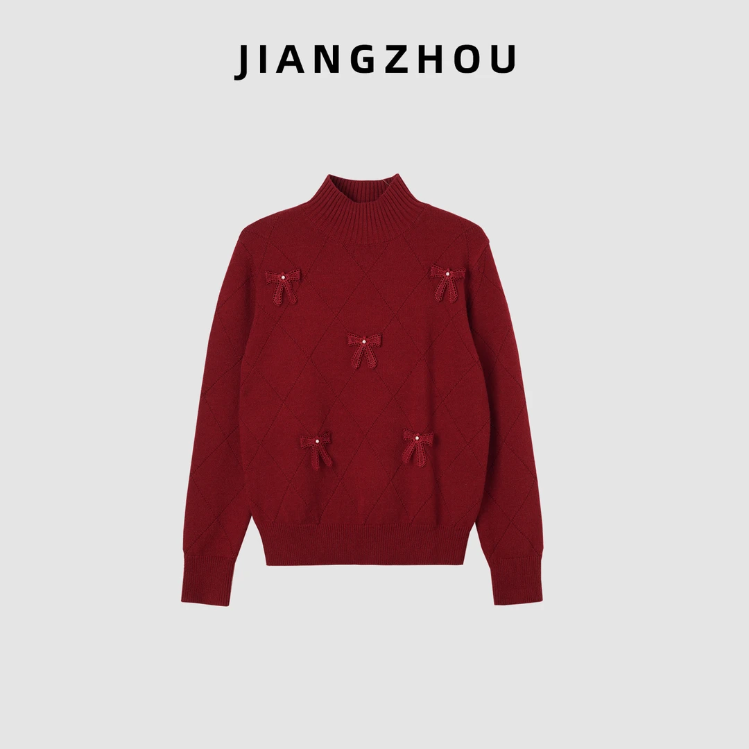 江洲【菱蝶】冬季新款半高领蕾丝蝴蝶结装饰时尚套头毛衣