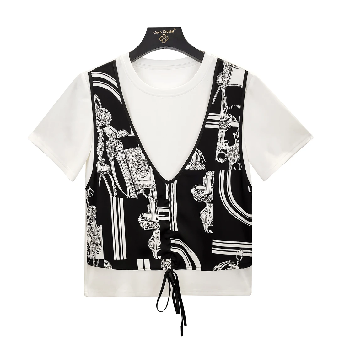 黑白假两件圆领短袖T恤-黑白色