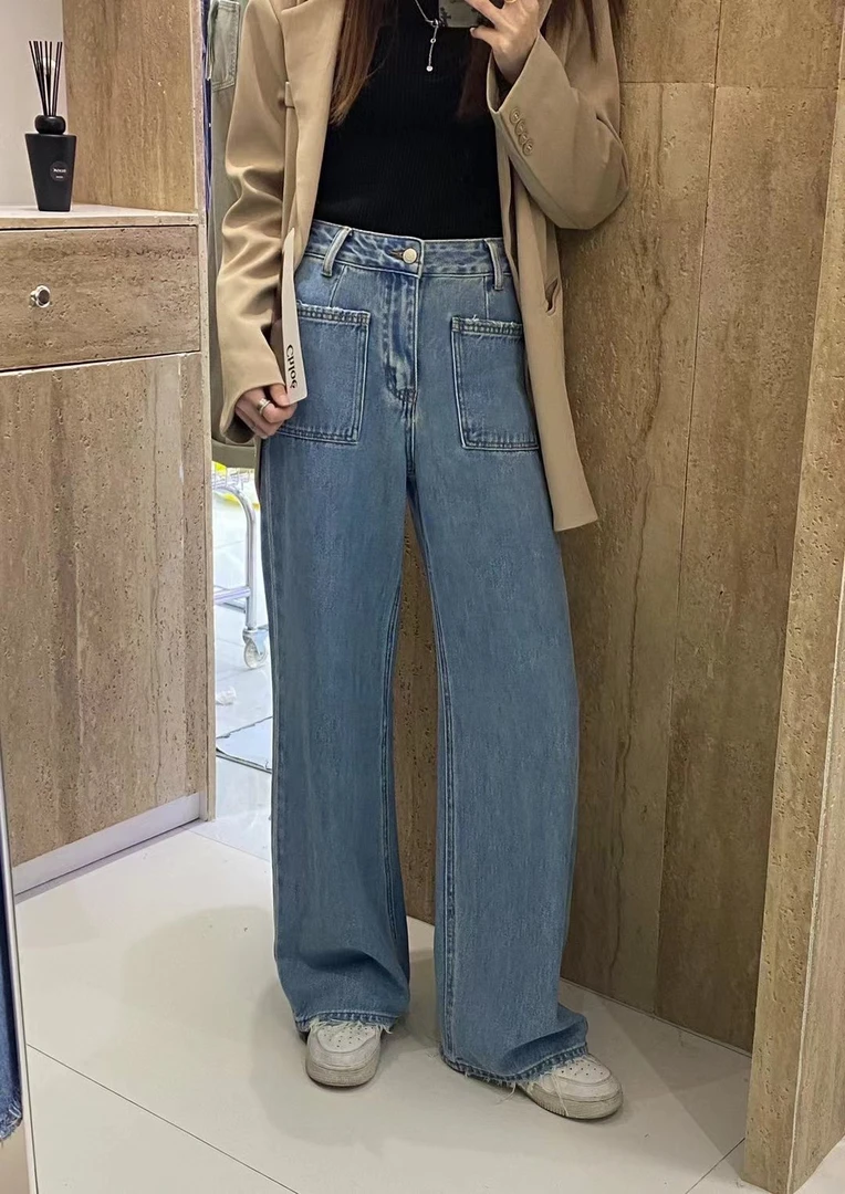 77-60206 洗水蓝宽松显瘦设计感口袋直筒牛仔裤复古时尚休闲百搭