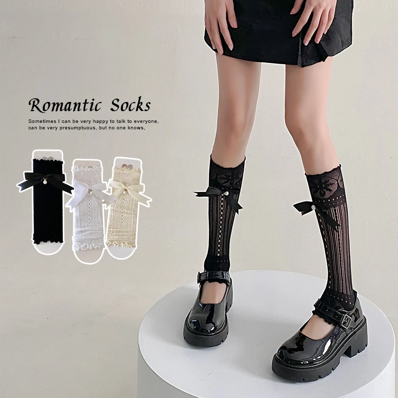 袜套女夏季薄款洛丽塔珍珠蝴蝶结洞洞中筒袜日系韩版半截公主花边