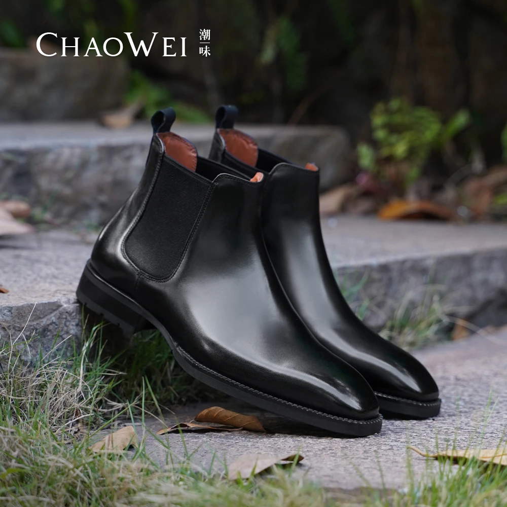 男士冬季商务靴正装方头英伦风真皮素面套脚穿切尔西靴X877-K30