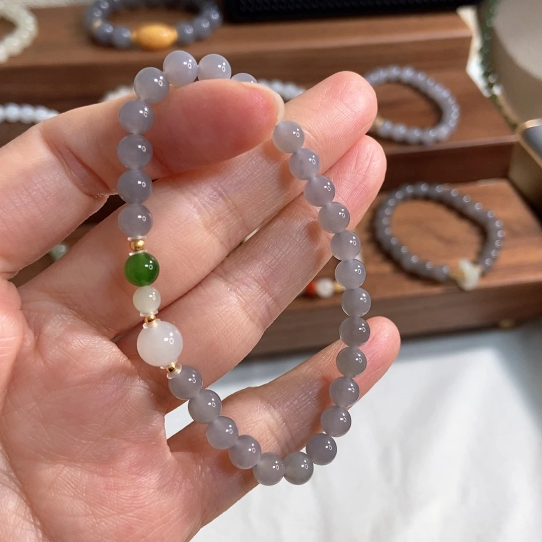 和田玉手链银S925镶嵌福利6mm烟紫