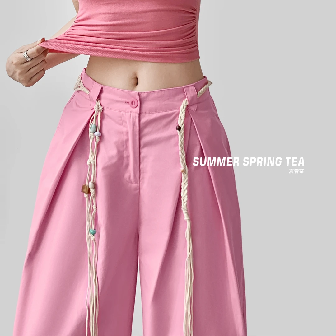 夏春茶酷辣设计感夏季薄款纯棉透气美式宽松显瘦垂感遮跨休闲裤女