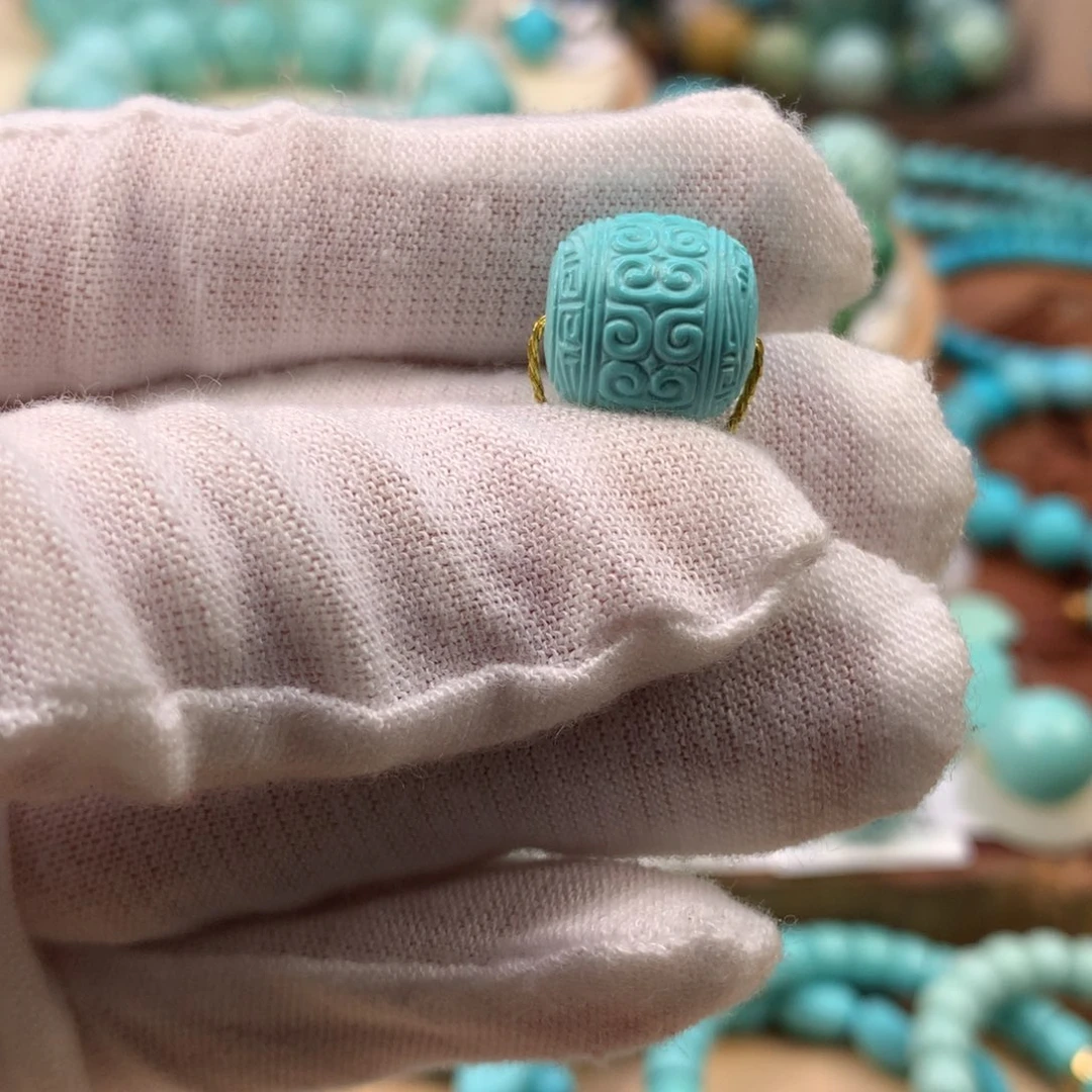 绿松石未镶嵌珠宝奇石高瓷蓝绿回纹老型12.3*12.1mm