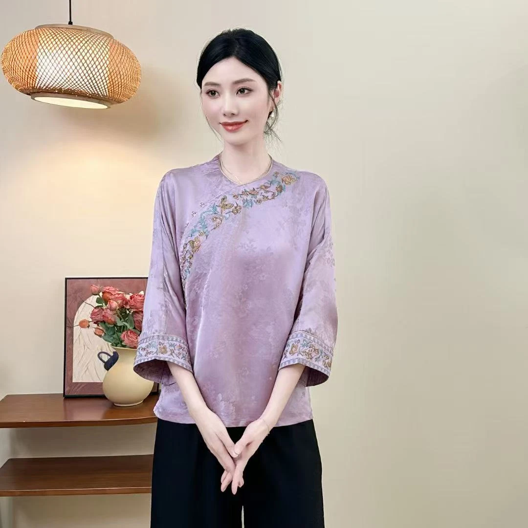 2025新中式时尚打底衫双面提花缎刺绣国风衫上衣