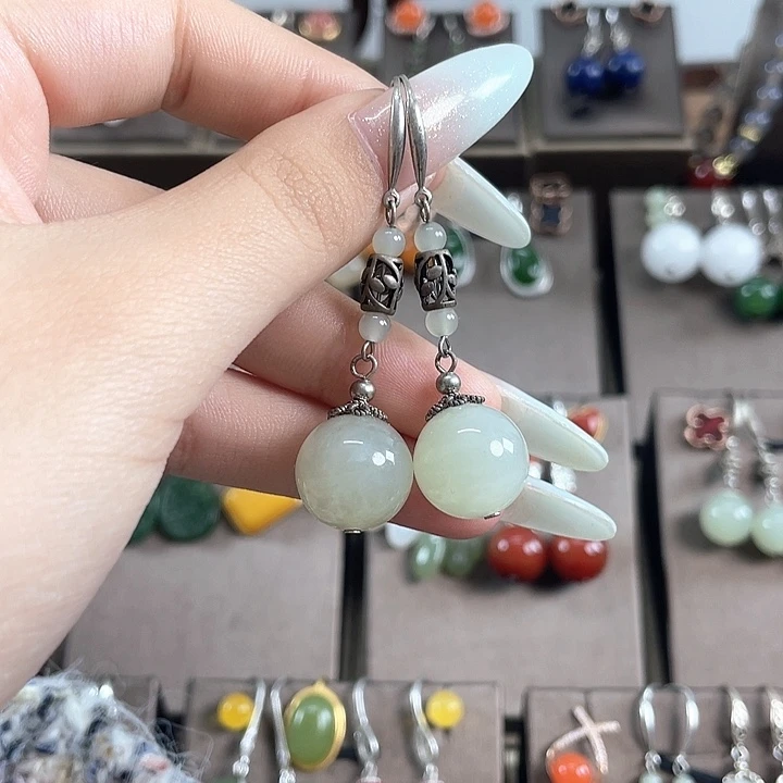 和田玉银S925镶嵌耳饰14左右