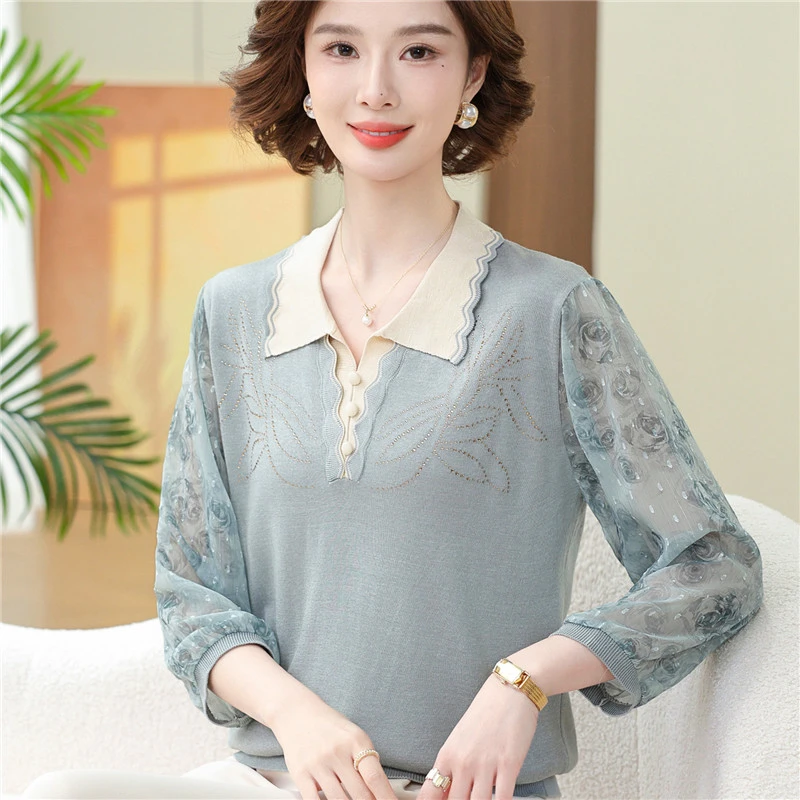 妈妈秋季时尚洋气翻领针织衫中老年人2025新款高级感打底上衣小衫