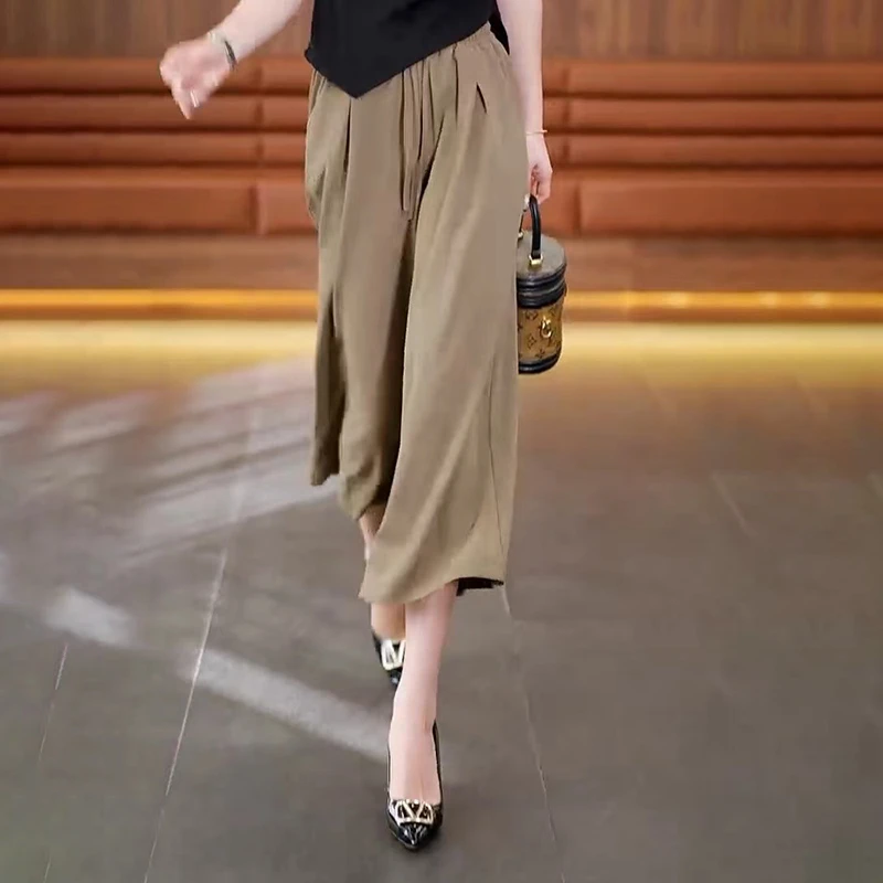 夏季休闲七分裙裤女冰感垂顺纯色大码显瘦高腰百搭薄款透气阔腿裤