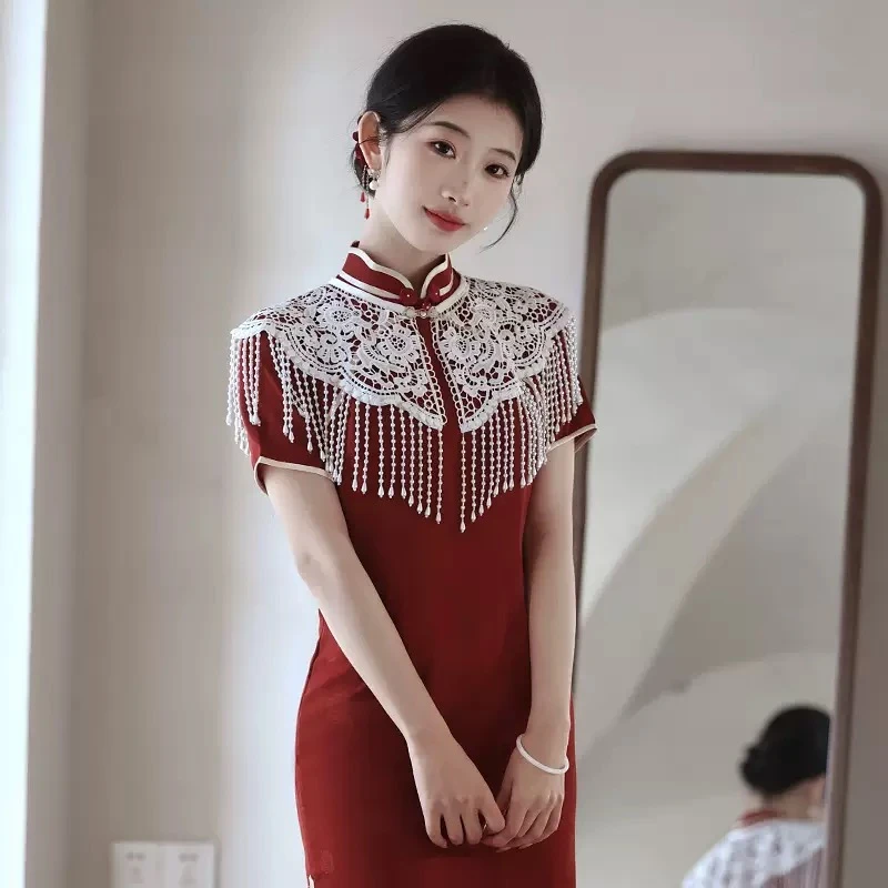 蕾丝串珠云肩敬酒服新娘旗袍订婚礼服女披肩外搭夏流苏云肩中国风