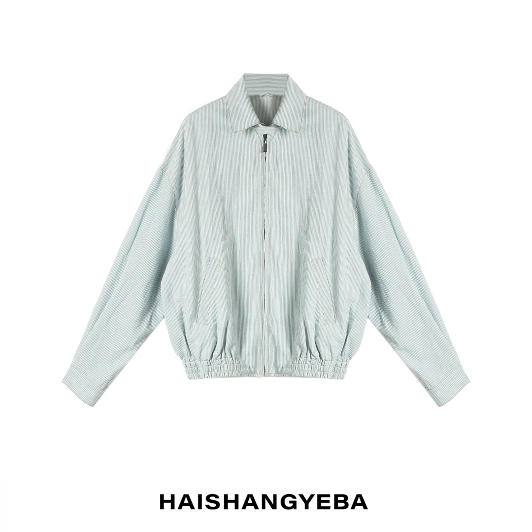 【海上叶爸】新款2025夏季百搭棉翻领拉链下摆松紧条纹外套