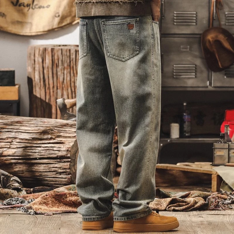 美式复古重磅黄泥染牛仔裤男春季2025新款潮牌高街宽松直筒休闲裤