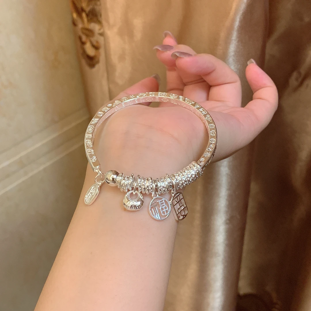 招财福盘缠手镯足银999简约百搭时尚设计情人节送女朋友