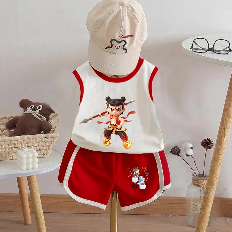 哪吒男女童夏装套装纯棉无袖坎肩新款儿童炸街外穿背心短裤两件套
