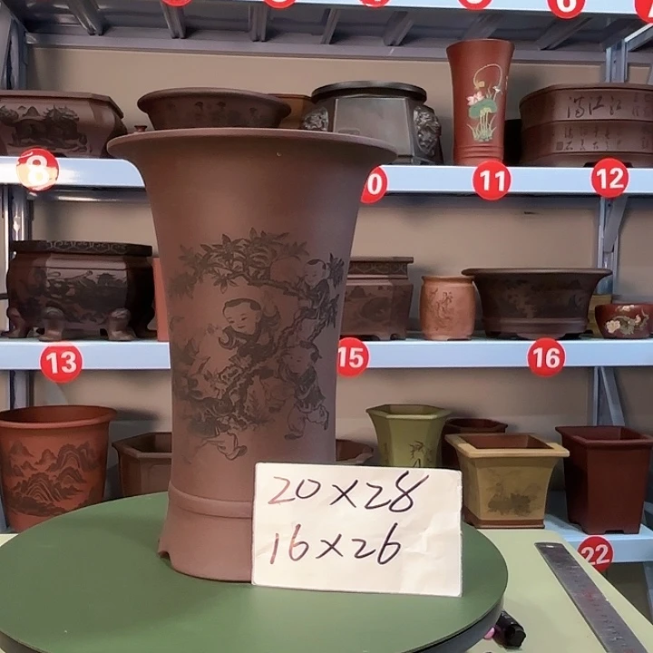 花盆紫砂刻绘五子图