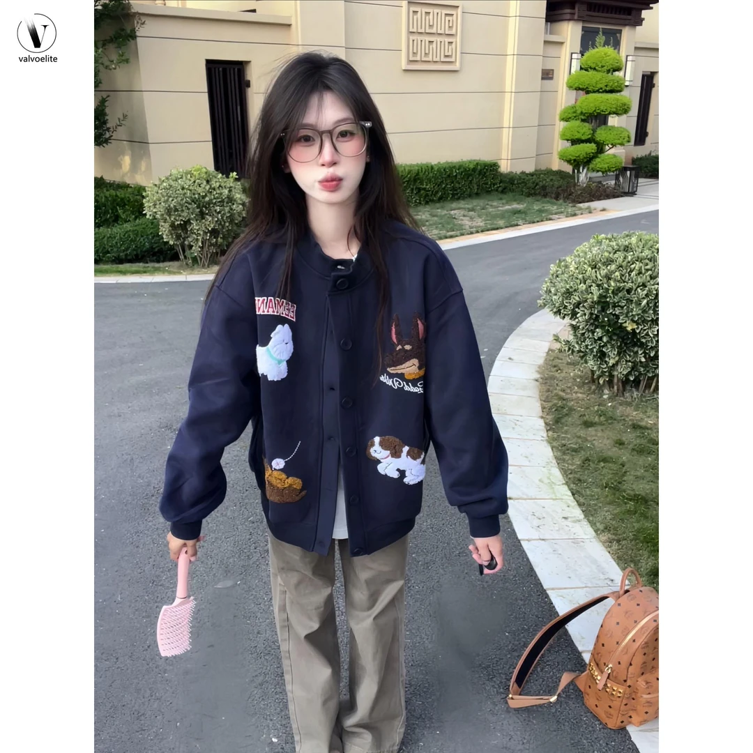 VALVOELITE美式小狗毛巾绣外套女新款秋冬季宽松百搭休闲开衫夹克