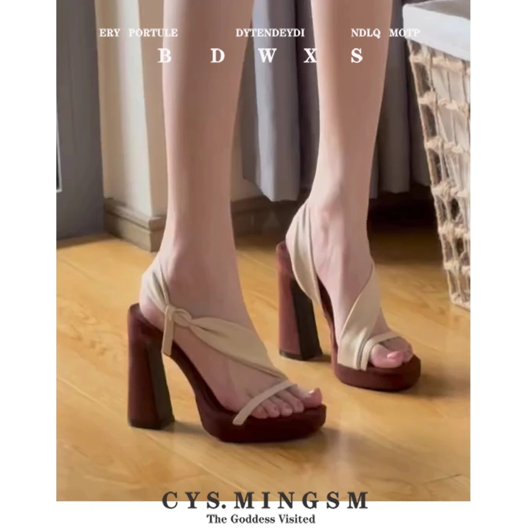 羊皮版！法式交叉缎带粗跟防水台高跟鞋女2025新款气质增高凉拖鞋