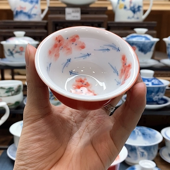 手绘龙船花压手杯85cc釉下彩微瑕福利款