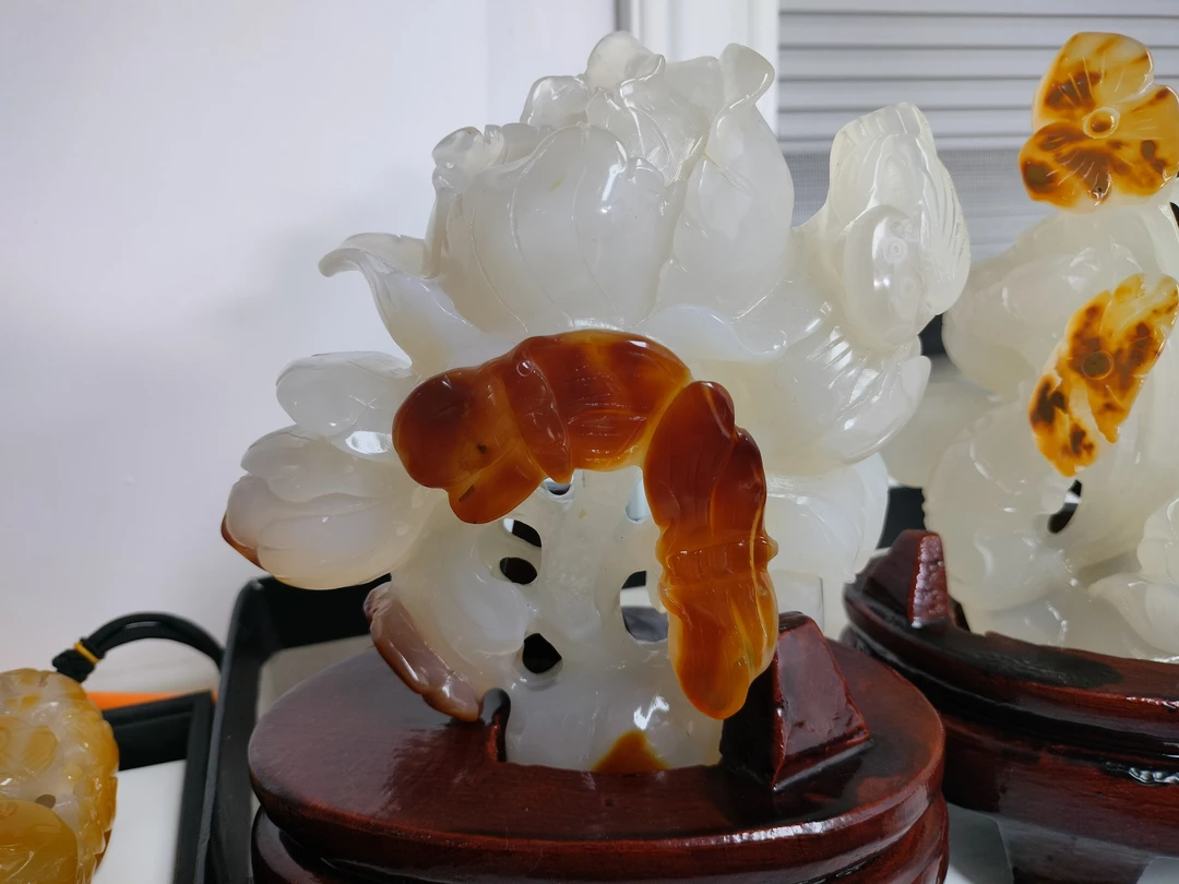 天然玛瑙玉石高冰牡丹大摆件 花开富贵，文定吉祥