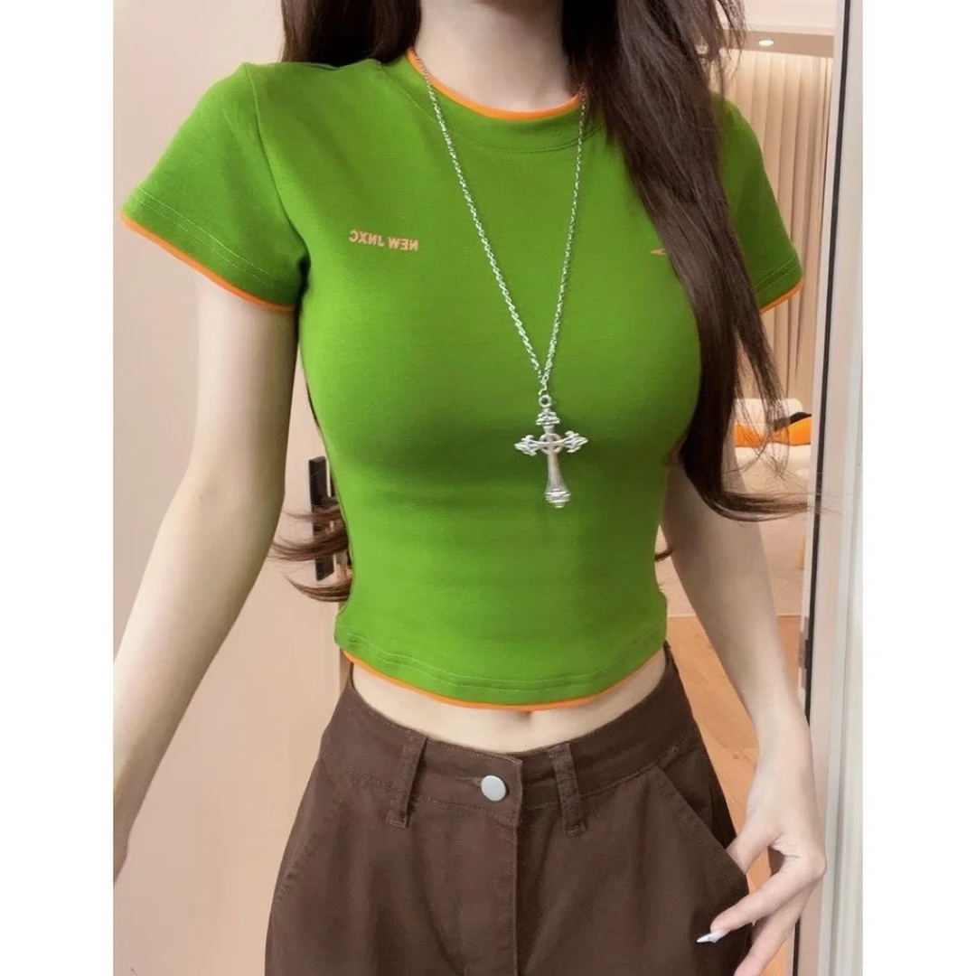 【青橙时光】夏季撞色设计感短袖T恤女辣妹修身显瘦短款上衣-T3160