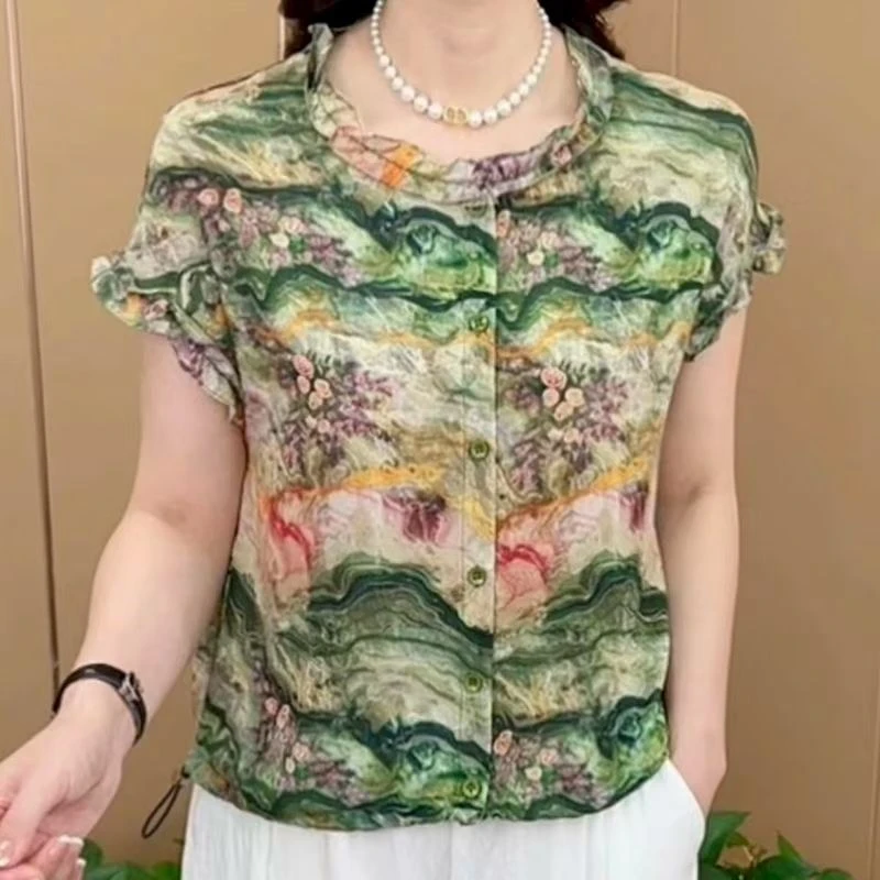 2025夏季新款时尚圆领木耳花边印花短袖T恤气质百搭上衣妈妈装