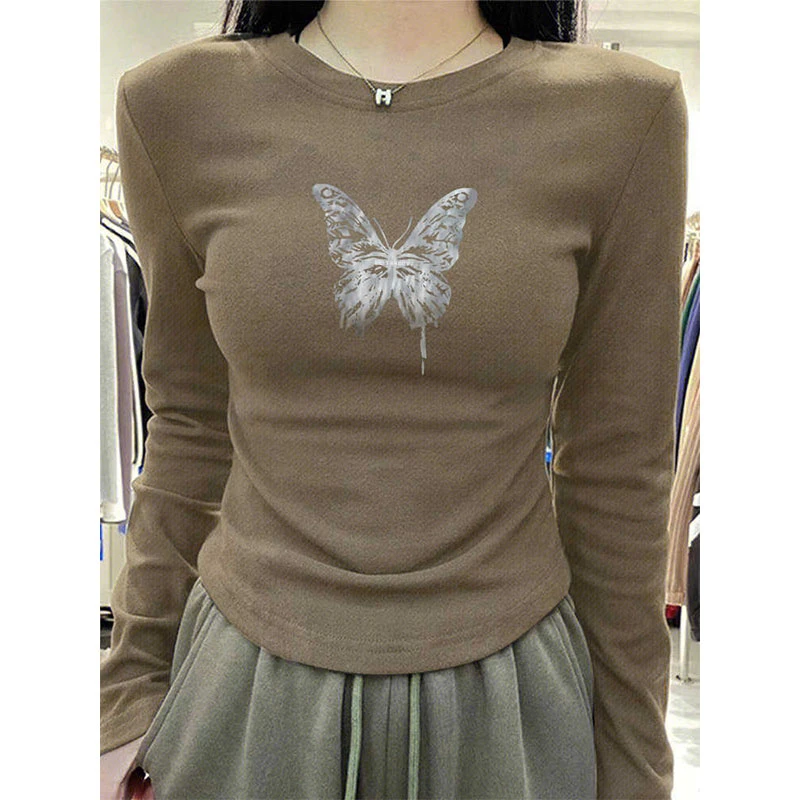 小众不撞款蝴蝶印花正肩长袖T恤女秋冬季内搭加厚保暖打底衫上衣