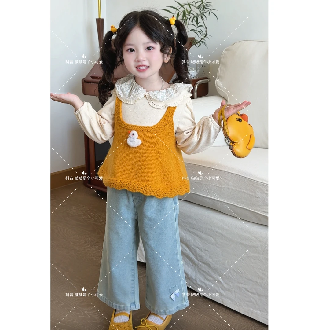 【奶芙家】2025秋款可爱娃娃领针织马甲蝴蝶结牛仔裤三件套-66011