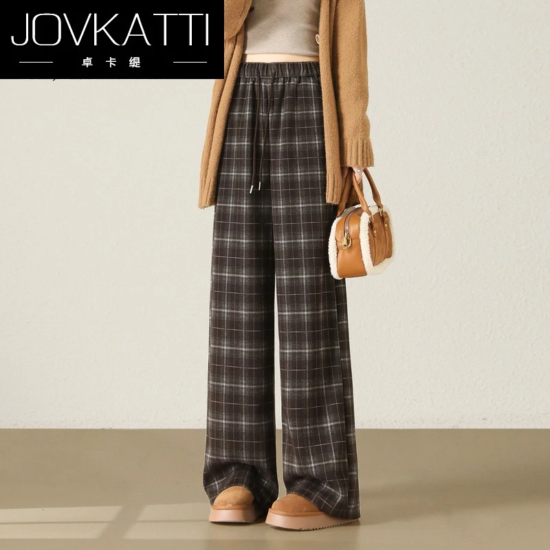 咖色毛呢格子阔腿裤女冬季2025新款垂感慵懒宽松加厚糯米直筒裤子