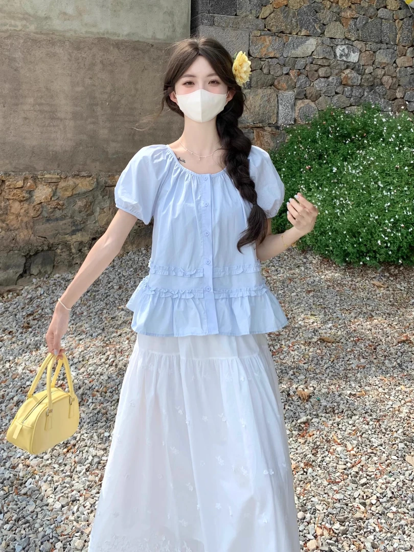 法式泡泡短袖蓝衬衫女夏季温柔风减龄木耳边拼接小衫上衣配半身裙