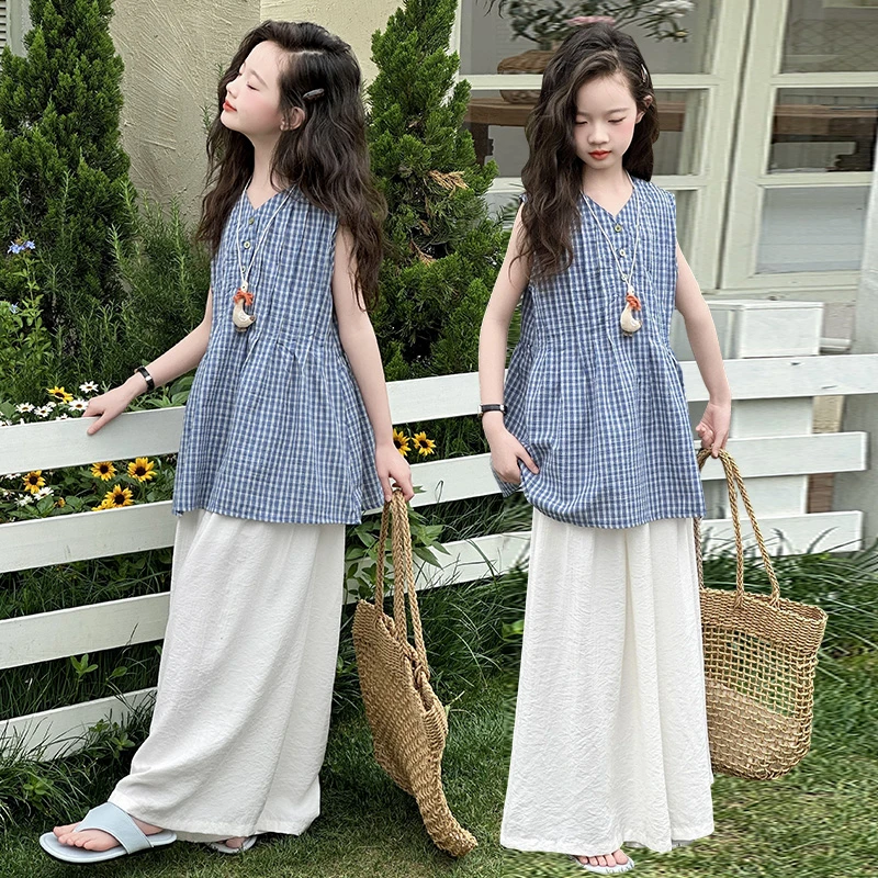 2025新款女童夏季无袖套装儿童韩系复古风蓝白格子背心中大童穿搭