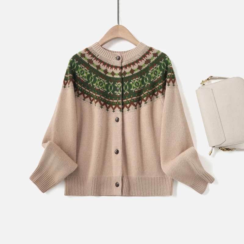 100%羊毛费尔岛提花插肩袖针织开衫51A080717