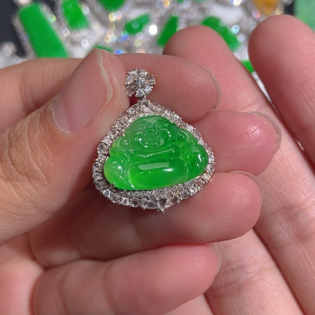翡翠18K金镶嵌吊坠(不含链)天然缅甸A货翡翠