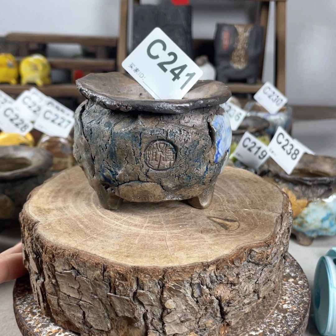紫砂花盆孤品 不规则油画山石钱袋 外口7
