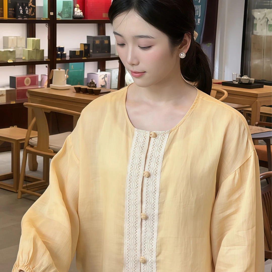 沅曼【柠檬】夏季苎麻新中式国风衬衫休闲时尚薄款国风防晒上衣