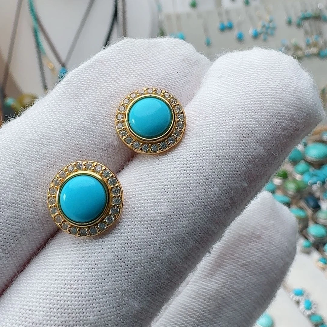 红***骨绿松石银S925镶嵌耳饰