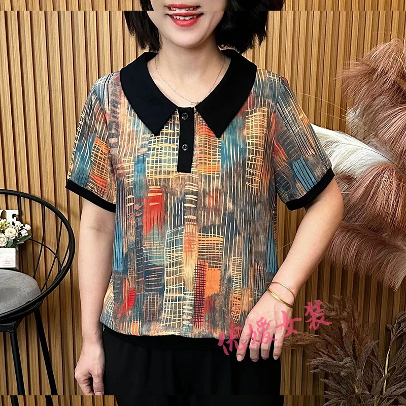 妈妈装夏季薄款撞色娃娃领宽松显瘦透气中老年女装短袖上衣 A6382