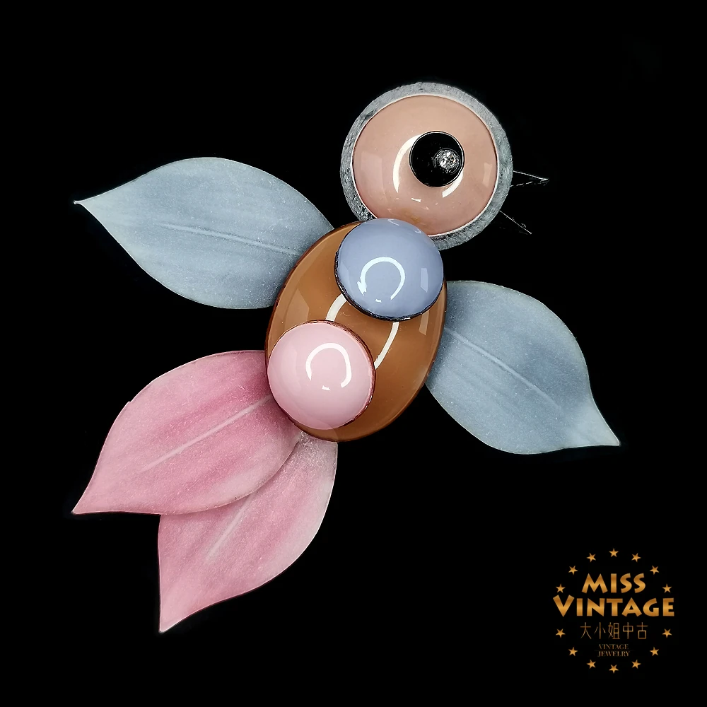 法国Cilea Paris手工定制花瓣灰粉飞鸟胸针[1501223-015]