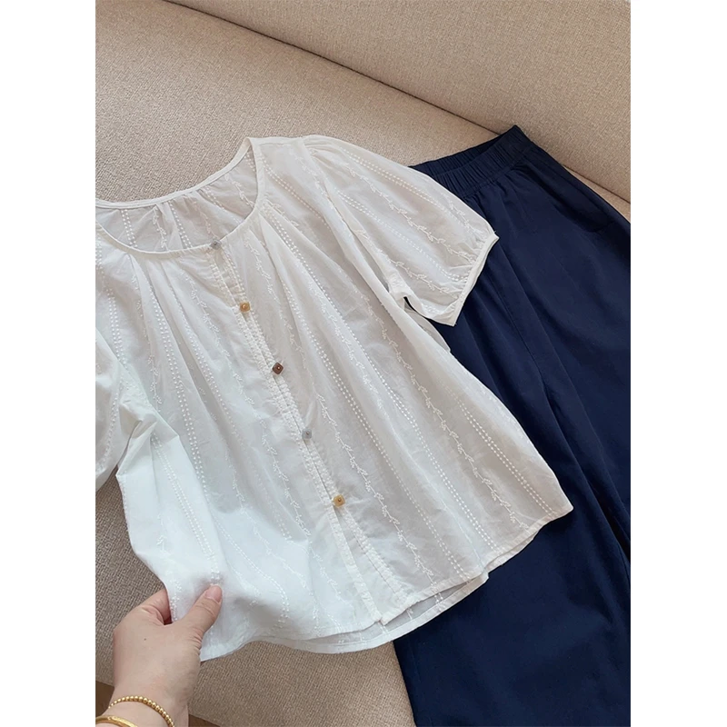 【蕾丝小衫】夏季超好看减龄纯棉圆领短袖衬衫女