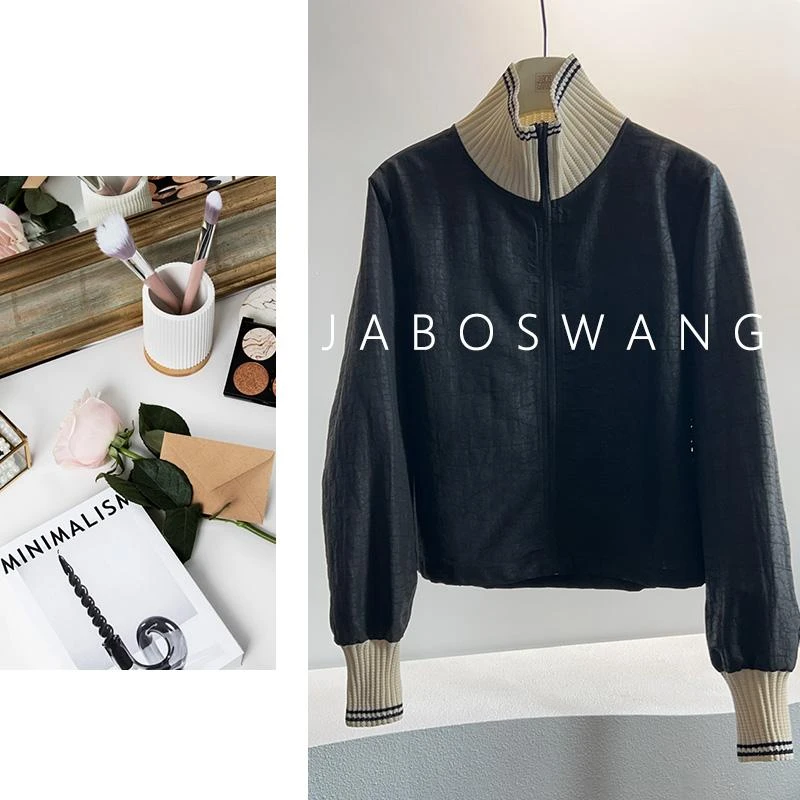 s846立领夹克新中式拼接针织螺纹领廓形立领夹克外套