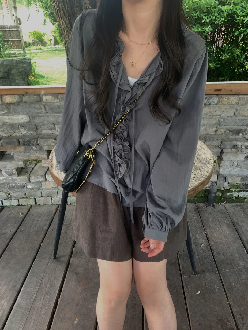 【灰调】韩版显瘦长袖夏季夏季小众薄款宽松法式气质设计感衬衫