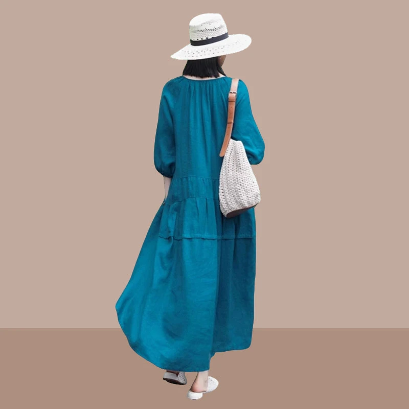 2025秋季新款蓝调简约大方中长款宽松拼接V领七分袖亚麻连衣裙 女