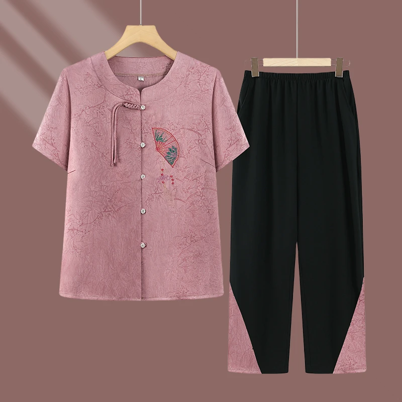 2025老年人女夏装短袖衬衫奶奶装夏季舒适妈妈装新款衬衫老人套装