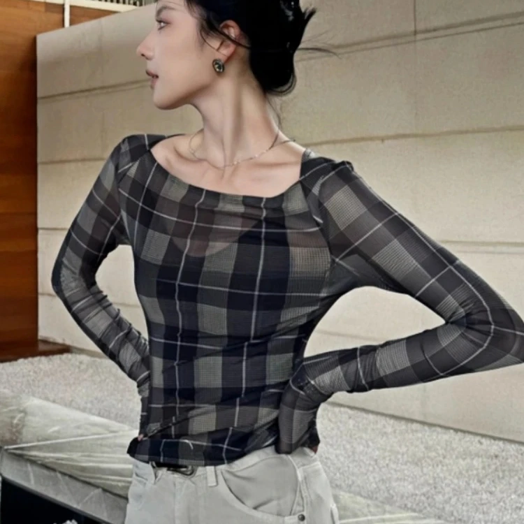 涤独特超好看网纱格子长袖恤女爆款春季修身打底内上衣夏季百搭宽